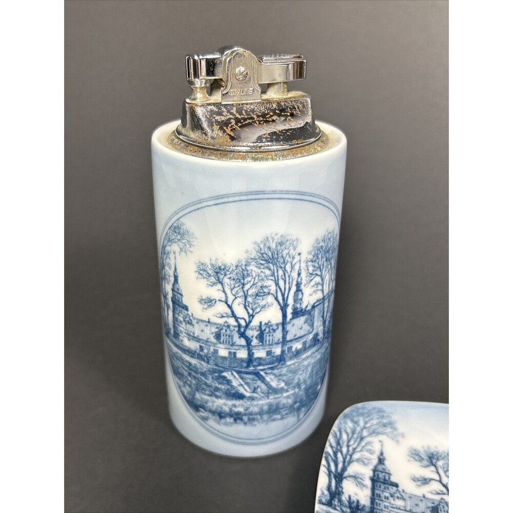 BLUE CERAMIC TABLE LIGHTER #'d Signed KRONBORG CASTLE Denmark & Trinket Dish